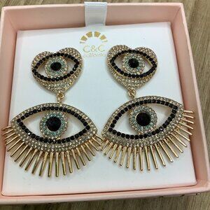 C&C California NIB Evil Eye Heart Dangling Rhinestone Stud Earrings